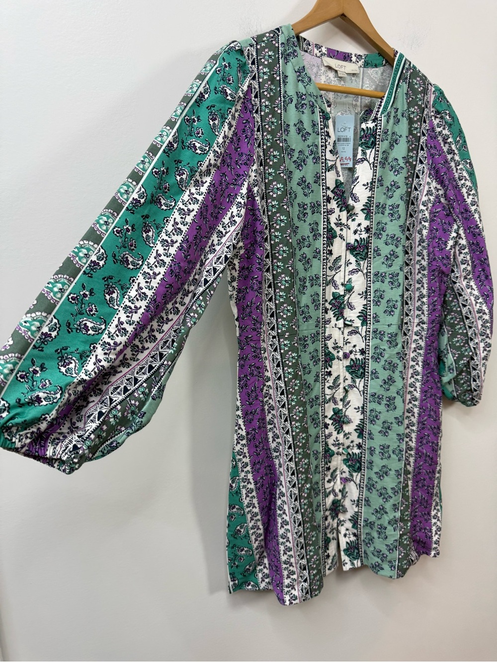 LOFT purple and green vertical-striped floral boho tunic dress size 12P - Picture 3 of 9